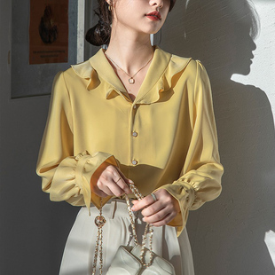 2024春秋新高级感荷叶边黄色长袖雪纺衬衫女士设计感小众气质上衣