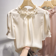 2023韩国气质显瘦纯色，立领花朵钉珠，套头短袖雪纺衫女春季衬衫
