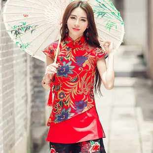 中国风2023夏季民族风，女装上衣棉麻，花朵中长款短袖衬衫开衫