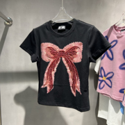 设计师品牌2024春夏款女士红色蝴蝶结订珠亮片短袖T恤短款T恤上衣