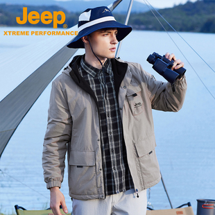 男装Jeep防泼水双面夹克男户外轻暖摇粒绒外套茄克