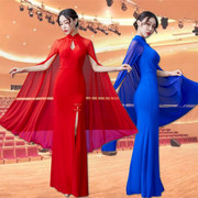 优雅晚礼服气质红色晚装，女装连衣裙披风舞台服，显瘦中国风改良旗袍