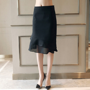 黑色雪纺短裙半身裙女夏季2024裙子高腰，显瘦a字鱼尾裙包臀裙