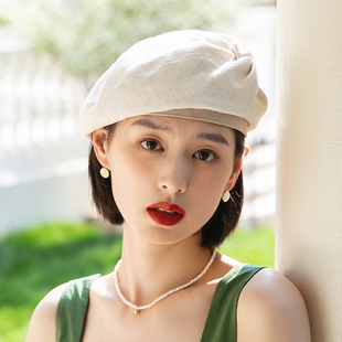 贝雷帽女夏季韩版时尚，画家帽日系薄款棉麻，蓓蕾帽白色女士帽子