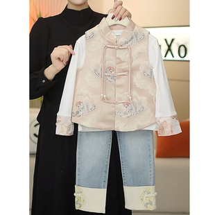 新中式套装女童春季儿童，国风刺绣马甲，拼接衬衫牛仔裤三件套潮
