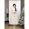 新中式国风蕾丝针织，裙女秋冬季中长款白色长袖，高级感超好看连衣裙