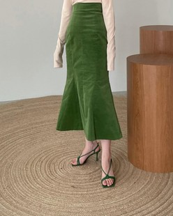 原松本惠奈设计师款复古高腰通勤灯芯绒鱼尾半身裙绿色中长包臀裙
