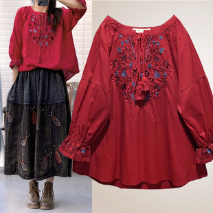 高级感中国红色复古民族，风刺绣上衣女装夏季棉，衬衫宽松大码娃娃衫