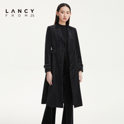 lancy悦朗姿2022秋季修身黑色丝绒风衣，外套女通勤大衣高级感