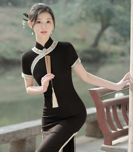 黑色长旗袍长款2024年复古中式修身简约优雅高级感连衣裙日常