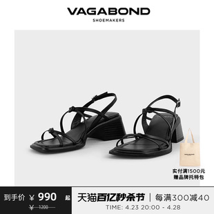 vagabondines女士黑色牛皮，粗跟绑带露趾凉鞋，高跟鞋2024春夏
