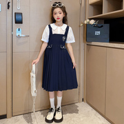 女童夏季连衣裙2024儿童学院风雪纺夏装中大童假两件短袖裙子