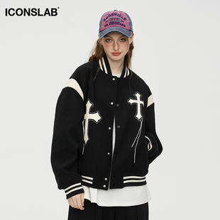 ICONSLAB 美式撞色拼接十字架棒球服情侣装夹克外套男女同款潮牌