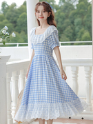 蓝色格子连衣裙女夏季泡泡袖蕾丝拼接长裙法式甜美气质裙子