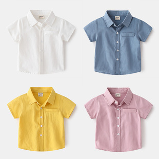 男童短袖衬衫夏季中小儿童棉质纯色翻领设计休闲风潮范薄款