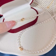 4mm双爱心锁骨链强光微微瑕自然淡水米形珍珠轻奢时尚珍珠项链3-