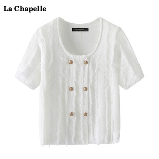 拉夏贝尔lachapelle夏季双排扣流苏短袖，针织衫t恤女显瘦上衣