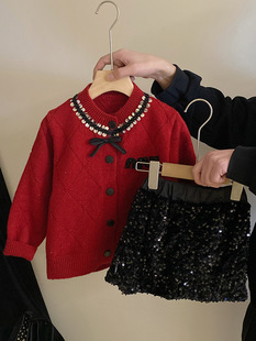 女童新年装毛衣开衫外套小香风，菱形珠片针织，开衫洋气新年红色衣服