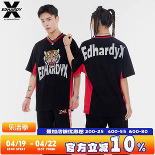 edhardyx夏季烫钻虎头拼接网格赛车服，v领短袖t恤印花t恤上衣