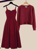 冬装搭配一整套高级感名媛，小香风套装裙，女装红色毛衣连衣裙两件套