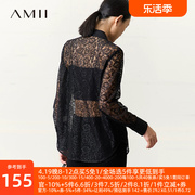 amii2024夏宽松(夏宽松)轻透肤镂空钩花蕾丝，翻领衬衫女上衣