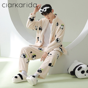 clarkarida熊猫珊瑚绒睡衣男冬季三层，加厚夹棉袄男士立领家居服
