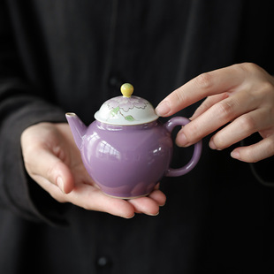 木槿紫手绘茶壶薄胎手工陶瓷，梨形壶仿古功夫，茶具防烫泡茶壶
