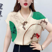 时尚减龄妈妈夏装短袖大码t恤中年，女装洋气弹力上衣时尚雪纺衫女
