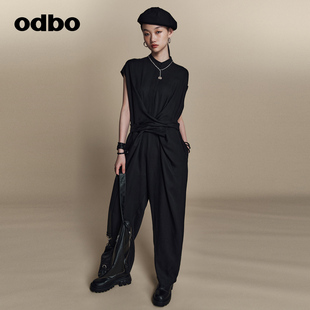 odbo欧迪比欧原创设计感小众黑色短袖连体裤女春季2023长裤