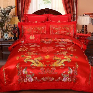 中式民族风e婚庆4件套全棉床单四件套红色绸缎纯棉床上结婚套件