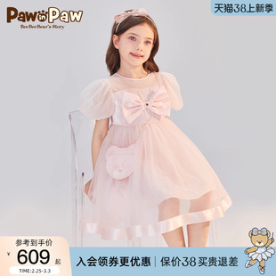 pawinpaw卡通小熊童装24年夏季女童网纱拼缎面，雪纺公主连衣裙