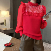 泡泡袖拼接蕾丝小衫2024春季过年红色毛衣设计感本命年上衣