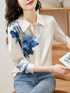 醋酸衬衫女士设计感中国风，复古水墨印花上衣，高端白衬衣(白衬衣)