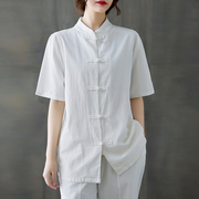 中式复古盘扣棉麻衬衫女短袖白色开衫上衣夏季宽松大码亚麻料小衫