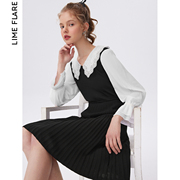莱茵商场同款2022夏季娃娃领针织，拼接连衣裙百褶裙高级感