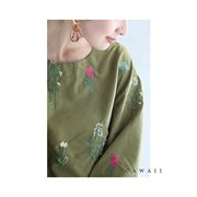 日本直邮S3L兼容 植物绿花刺绣衬衫上衣
