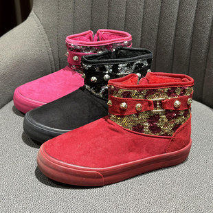 雪地靴儿童女加绒保暖棉鞋水钻，红色女童短靴子冬季防水防滑面包鞋