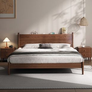白蜡木实木床胡桃色现代简约1米8床双人床民宿，矮床深色床小户型床