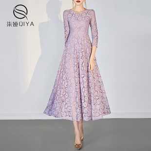 浅紫色蕾丝连衣裙女2023秋季法式气质九分袖收腰气质中长裙子