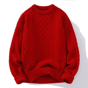 冬装时尚慵懒风纯色中领针织衫，套头男青少年本命年大红色麻花毛衣