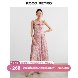 roco2024春夏法式大方领花朵印花无袖，长裙大摆显瘦连衣裙