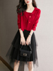 针织连衣裙女2023秋季洋气网纱裙子长袖红色，小西装外套两件套