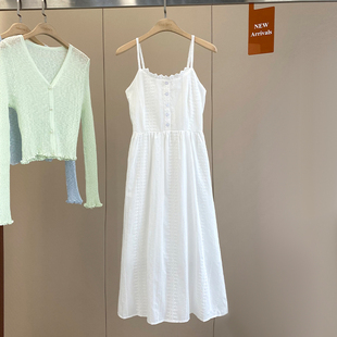 薄款法式小清新气质甜美白色吊带连衣长裙2024夏季显瘦A字裙
