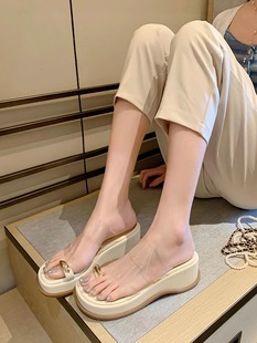 仙女白色凉鞋女夏季小香小众中跟半拖法式厚底松糕坡跟法式凉拖鞋