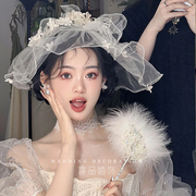 森系超仙新娘花朵头纱，韩式气质绢纱优雅结婚头饰，时尚外景旅拍婚饰