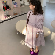 韩版儿童裙子春季女童洋气袖子立体设计感优雅淡紫色连衣裙