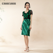 香莎chansarr复古气质，绿色拼豹纹连衣裙蕾丝拼接中腰短袖中裙