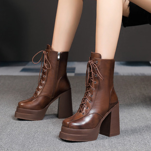 棕色粗跟马丁靴女复古短靴，真皮12cm超高跟厚底，防水台增高女靴子