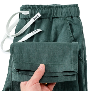 100%纯亚麻透气中国风，绿色长裤子夏季薄款纯色简约休闲裤男士