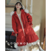 加厚大毛领羽绒棉服女韩版冬季中长款过膝新年圣诞红色，白鸭绒(白鸭绒)外套